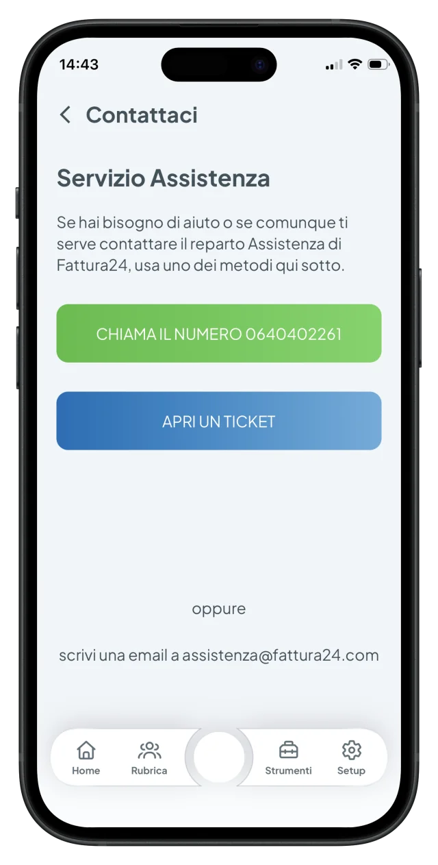 Assistenza clienti dall’app Fattura24: telefono, ticket ed email