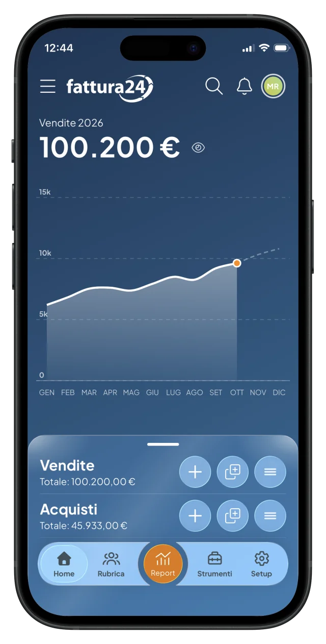 Home dell’app Fattura24 con vendite e acquisti dell’anno