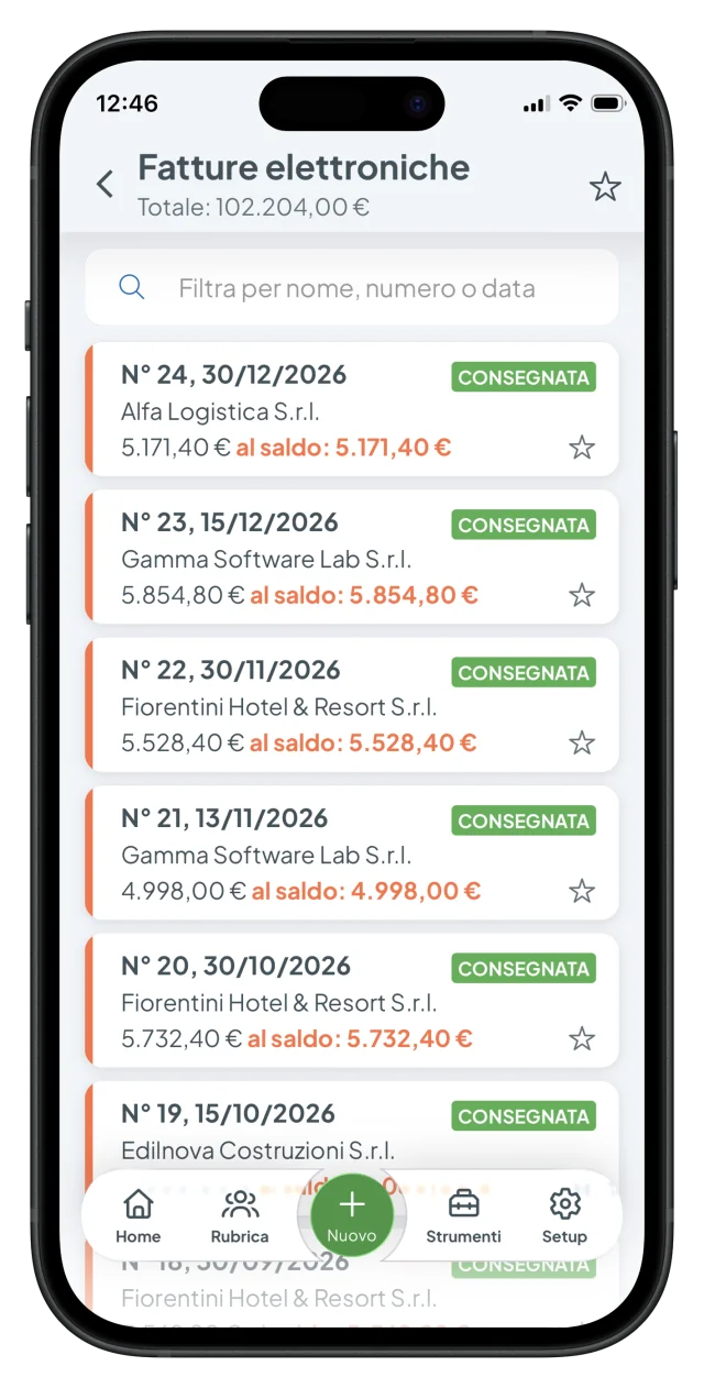 Lista delle fatture elettroniche con stato di consegna nell’app Fattura24