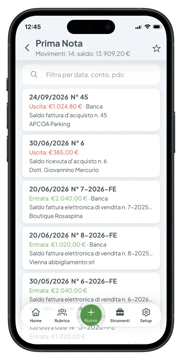 Prima nota con entrate e uscite nell’app Fattura24