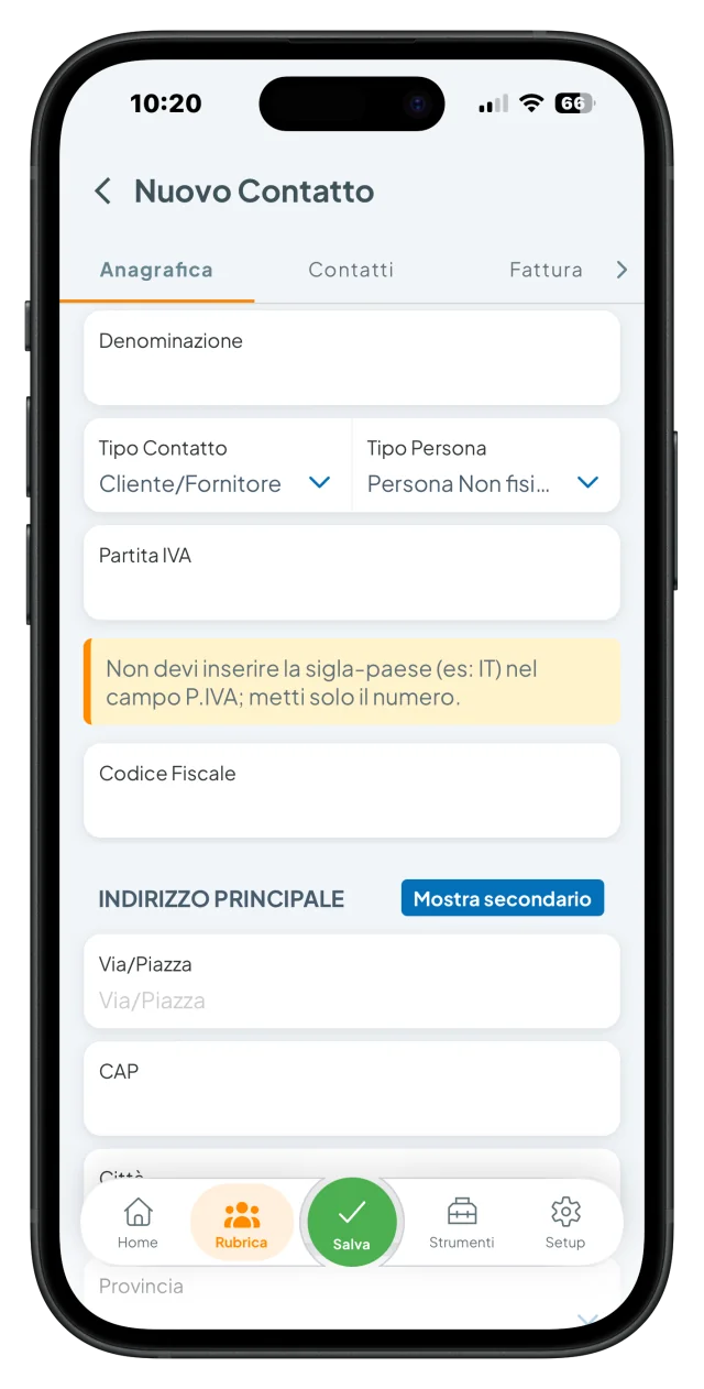 Nuovo contatto in rubrica nell’app Fattura24