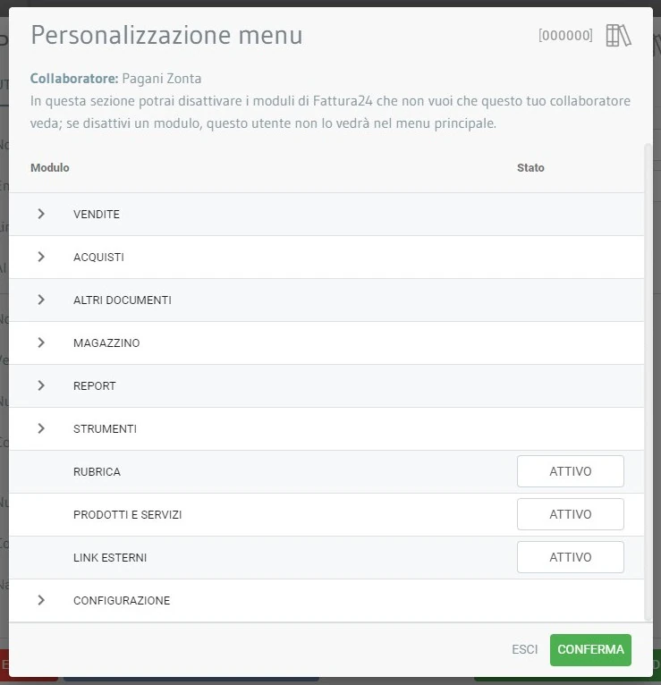 Personalizza menu - Profilo Utente