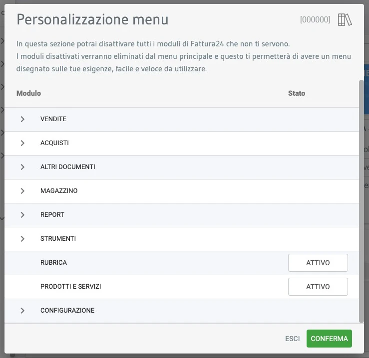 Personalizza menu